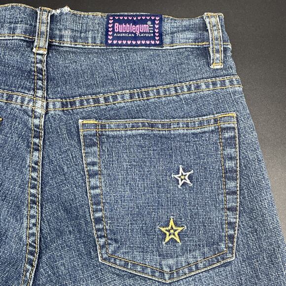 Vtg Y2K Bubblegum Jeans Womens 3/4 Flare Gold Silver Embroidered Stars Low Rise - Picture 4 of 8